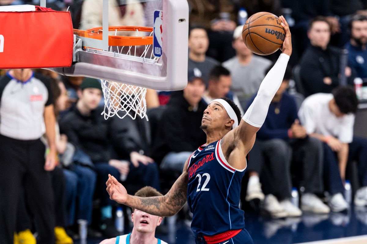 Jordan Miller #22 of the LA Clippers dunks the ball during an NBA basketball game against the Charlotte Hornets, Monday January 12, 2026 in Inglewood, Calif.