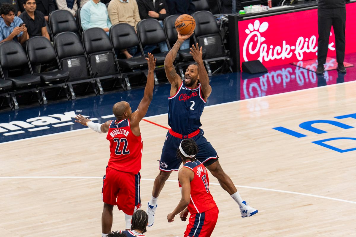 Los Angeles Clippers forward Kawhi Leonard (2) draws the shooting foul during an NBA basketball game against the Washington Wizards, Wednesday January 14th, 2026 in Los Angeles, California.