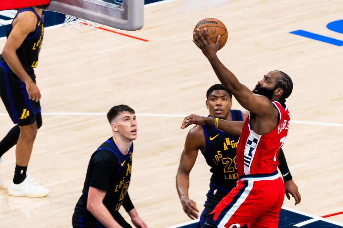 Los Angeles Clippers guard James Harden (1) takes a lay-up during an NBA basketball game against the Los Angeles Lakers, Thursday January 22nd, 2026 in Inglewood, California.