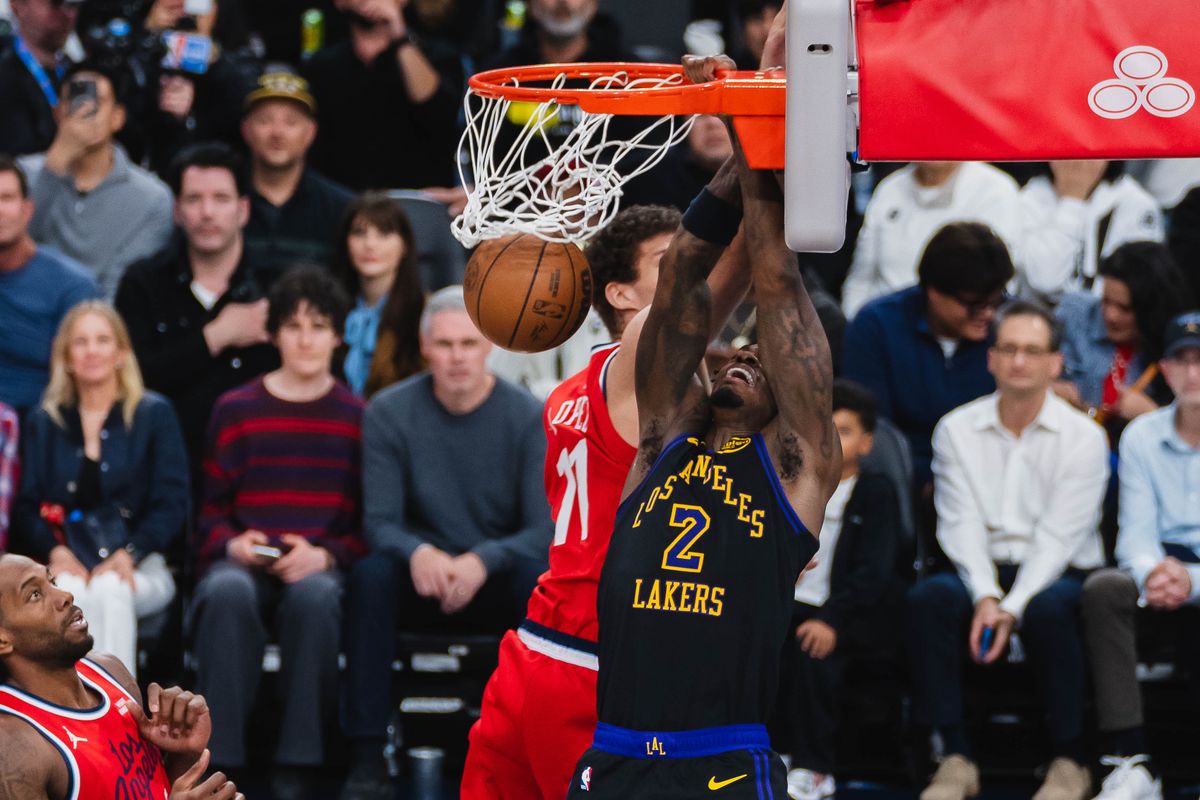 LA Lakers forward Jarred Vanderbilt (2), dunks the ball during an NBA basketball game against the Los Angeles Clippers, Thursday January 22nd, 2026 in Los Angeles California