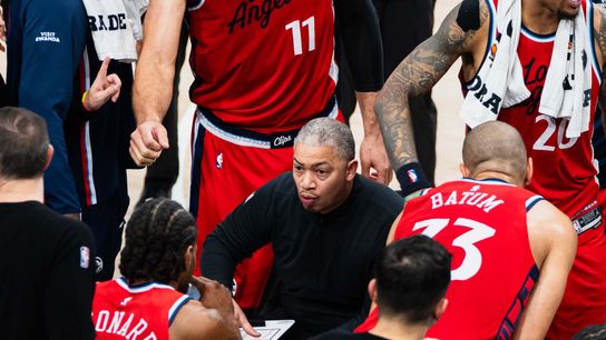 Los Angeles Clippers Coach Tyronne Lue goes over the game play during an NBA basketball game against the Brooklyn Nets, Sunday January 25th, 2026 in Inglewood, California.
