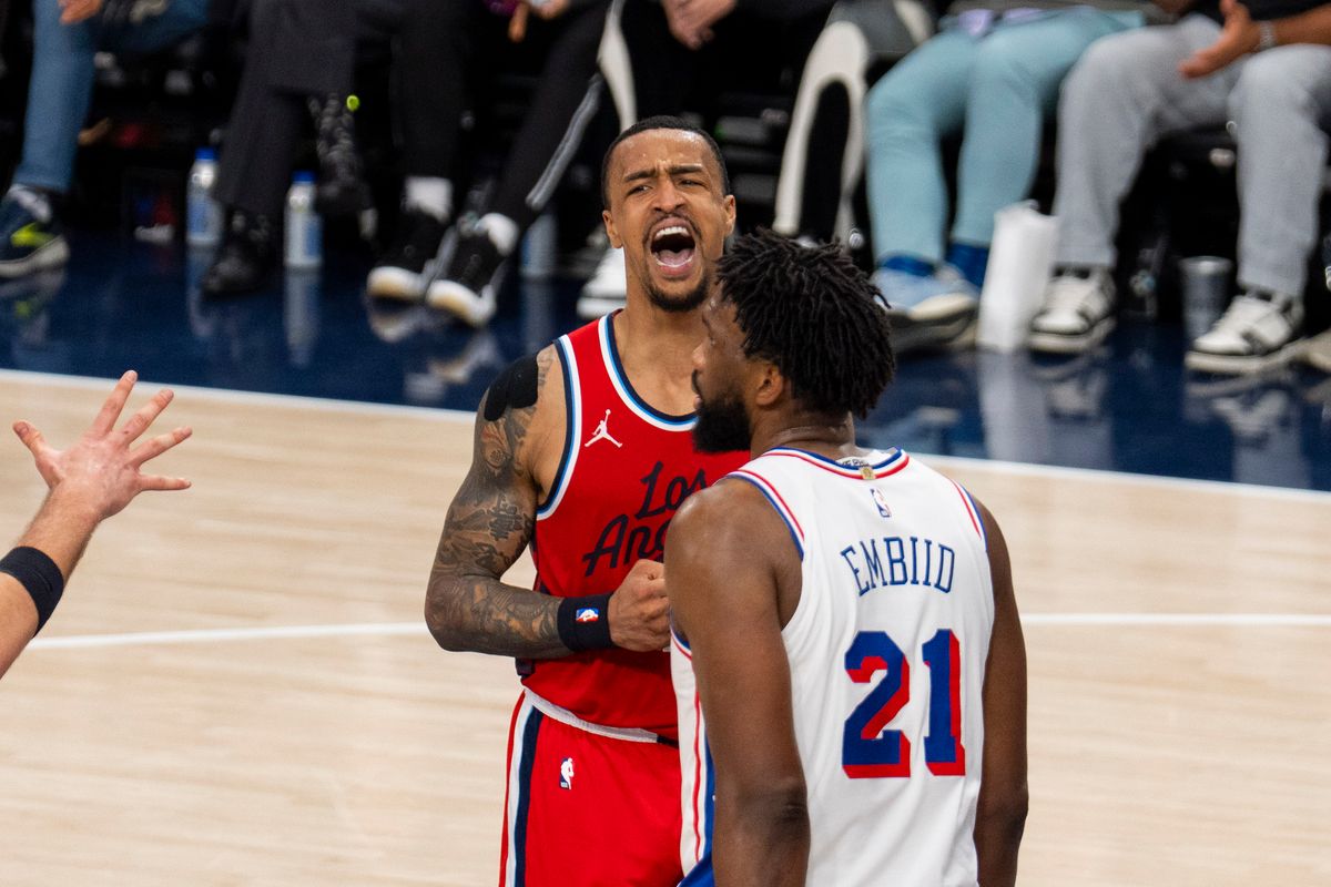 Los Angeles Clippers forward John Collins (20) emotional after drawing the foul during an NBA basketball game against the Philadelphia 76ers, Monday February 2nd, 2026 in Los Angeles, California.