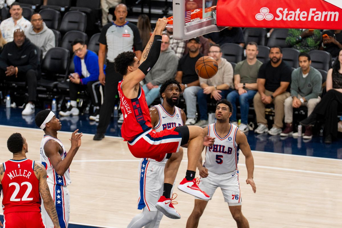 Los Angeles Clippers center Yanic Konan Neiderhauser (14) finishes the dunk after an offensive rebound during an NBA basketball game against the Philadelphia 76ers, Monday February 2nd, 2026 in Los Angeles, California.
