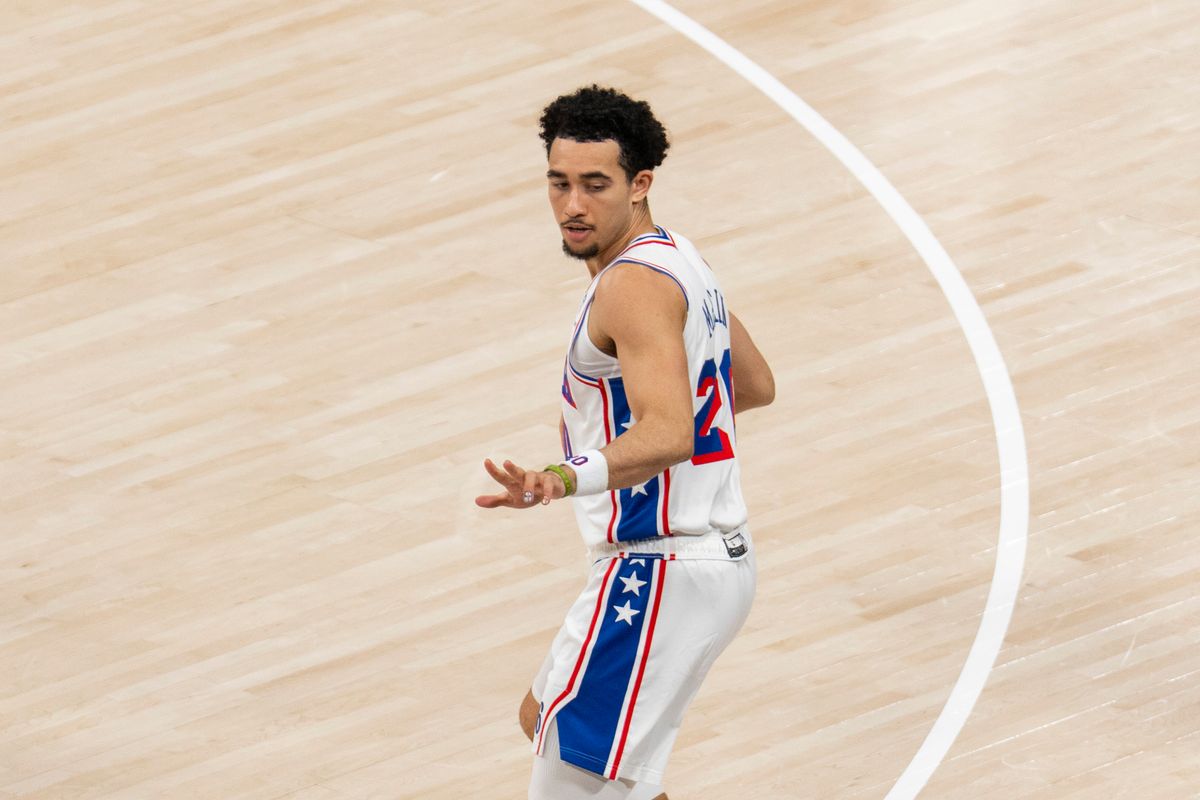 Philadelphia 76ers guard Jared McCain (20) celebrates his three pointer during an NBA basketball game against the Los Angeles Clippers, Monday February 2nd, 2026 in Los Angeles, California. 