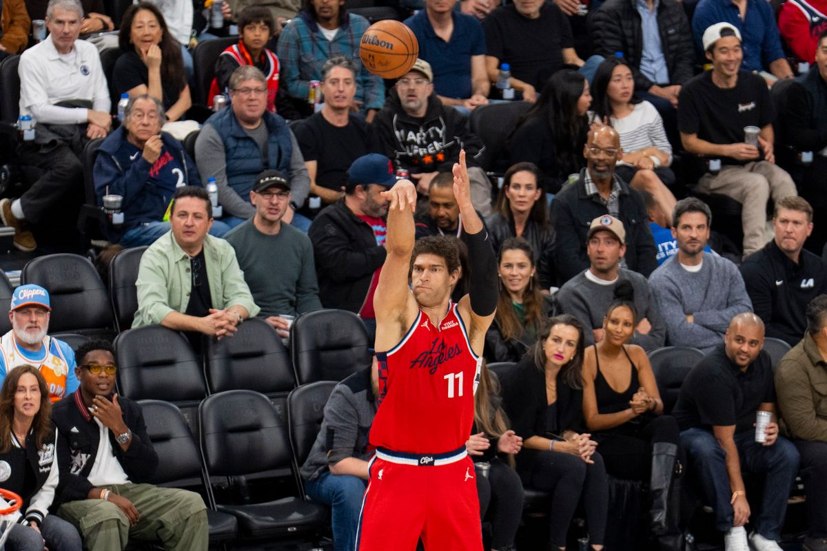 Los Angeles Clippers center Brook Lopez (11) shoots a three pointer during an NBA basketball game against the Philadelphia 76ers, Monday February 2nd, 2026 in Los Angeles, California.