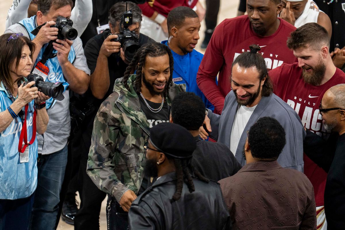 Los Angeles Clippers guard Darius Garland being greeted by his old teammates during an NBA basketball game against the Cleveland Cavaliers, Wednesday February 4th, 2026 in Los Angeles, California.