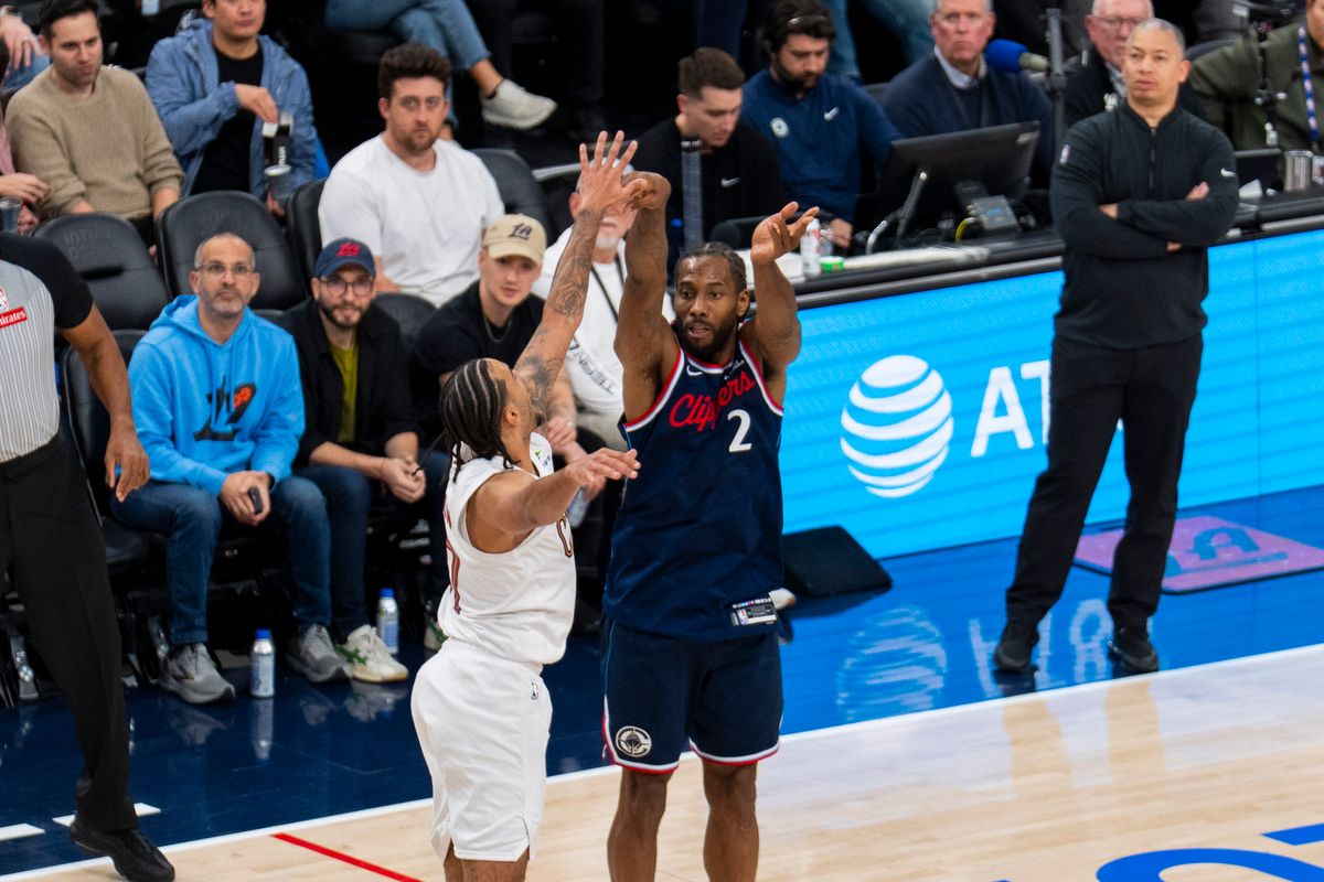 Los Angeles Clippers forward Kawhi Leonard (2) takes a three during an NBA basketball game against the Cleveland Cavaliers, Wednesday February 4th, 2026 in Los Angeles, California.