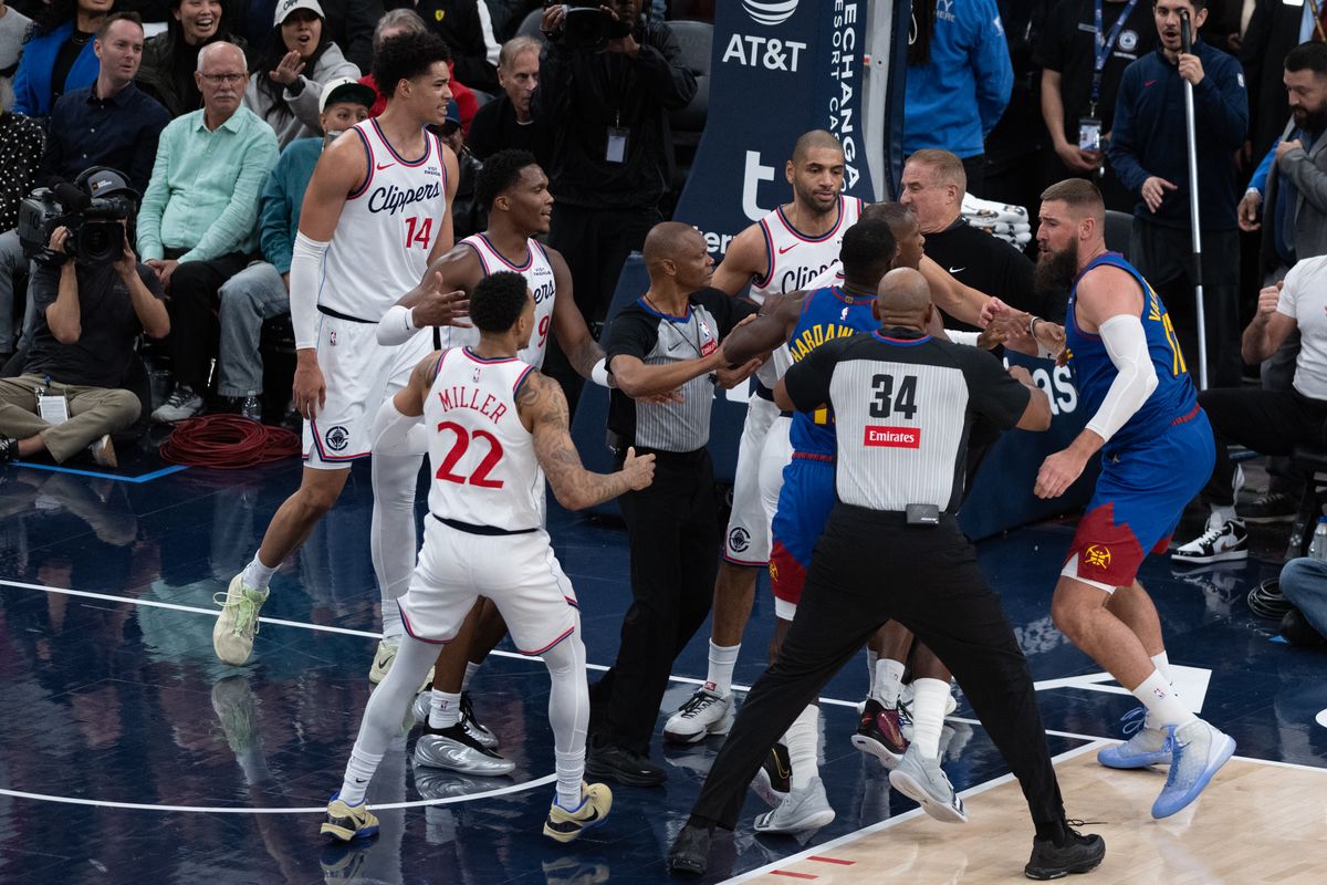 Tempers flare during a game between the Los Angeles Clippers and the Denver Nuggets on Thursday, February 19,2026 at Intuit Dome in Inglewood Calif Tempers flare during a game between the Los Angeles Clippers and the Denver Nuggets on Thursday, February 19,2026 at Intuit Dome in Inglewood Calif