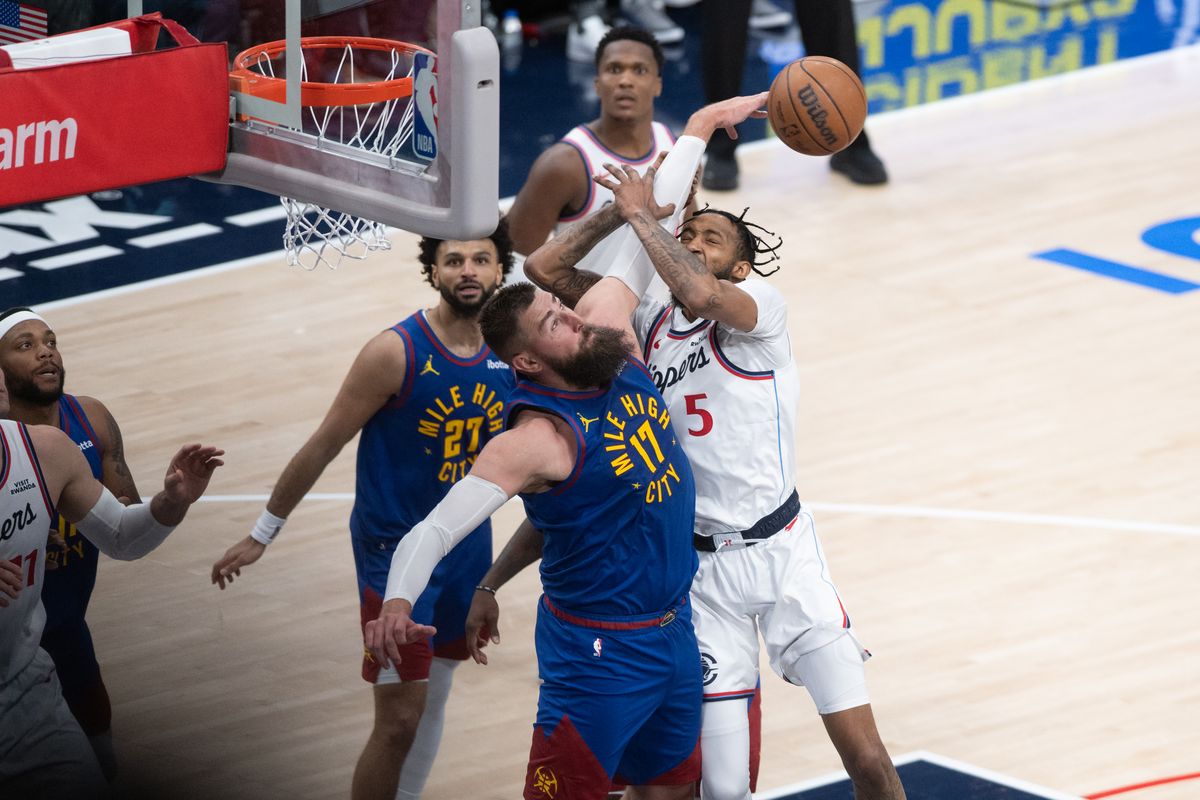 Los Angeles Clippers forward Derrick Jones Jr (5) takes a hard foul during a game between the Los Angeles Clippers and the Denver Nuggets on Thursday, February 19,2026 at Intuit Dome in Inglewood Calif Los Angeles Clippers forward Derrick Jones Jr (5) takes a hard foul during a game between the Los Angeles Clippers and the Denver Nuggets on Thursday, February 19,2026 at Intuit Dome in Inglewood Calif