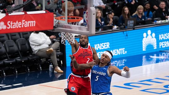 Los Angeles Clippers Guard Kawhii Leonard (2) attacks the rim and dunks during a NBA game against the Orlando Magic on Sunday, February 22, 2026 at Intuit Dome in Inglewood Calif