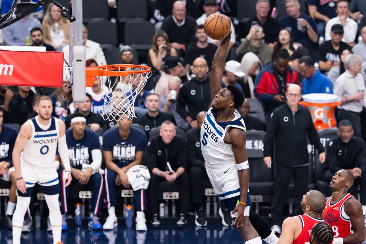 Anthony Edwards #5 of the Minnesota Timberwolves takes off for a dunk during an NBA basketball game against the LA Clippers, Thursday February 26, 2026 in Inglewood, Calif. Anthony Edwards #5 of the Minnesota Timberwolves takes off for a dunk during an NBA basketball game against the LA Clippers, Thursday February 26, 2026 in Inglewood, Calif.