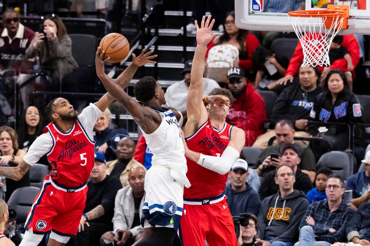 Anthony Edwards #5 of the Minnesota Timberwolves gets fouled by Derrick Jones Jr. #5 of the LA Clippers on a dunk attempt during an NBA basketball game, Thursday February 26, 2026 in Inglewood, Calif. Anthony Edwards #5 of the Minnesota Timberwolves gets fouled by Derrick Jones Jr. #5 of the LA Clippers on a dunk attempt during an NBA basketball game, Thursday February 26, 2026 in Inglewood, Calif.