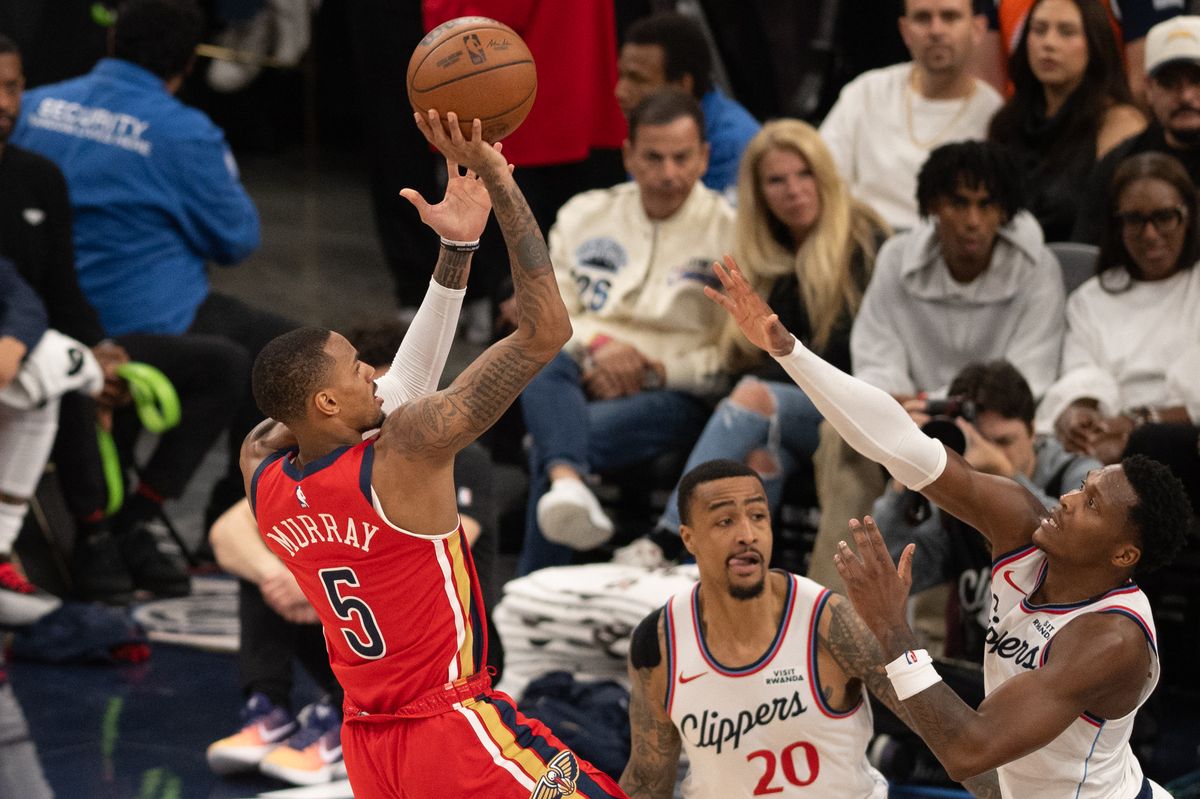 New Orleans Pelicans guard Dejaunte Murray (5) takes a jump shot during an NBA game between the New Orleans Pelicans and the LA Clippers on Sunday, March 1, 2026 at Intuit Dome in Inglewood Calif
