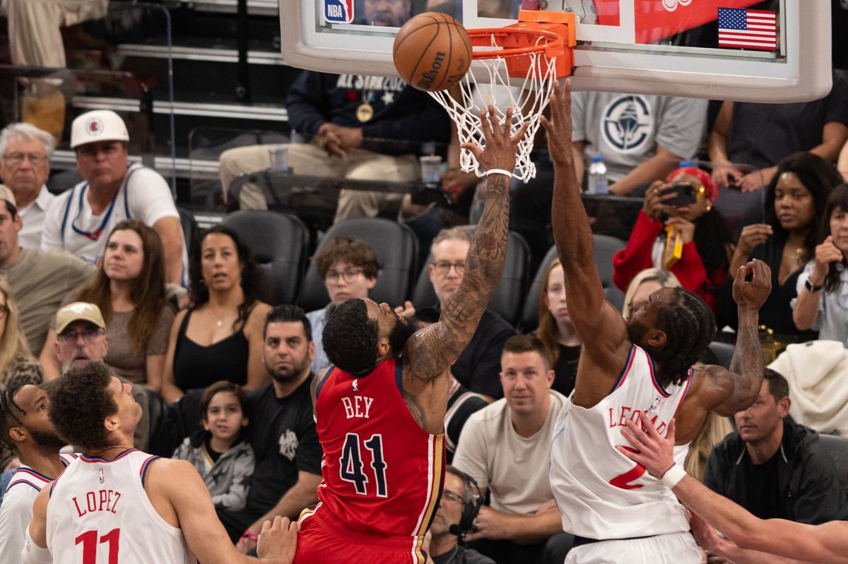 New Orleans Pelicans center  Saddiq Bey (41) jumps for a layup during an NBA game between the New Orleans Pelicans and the LA Clippers on Sunday, March 1, 2026 at Intuit Dome in Inglewood Calif