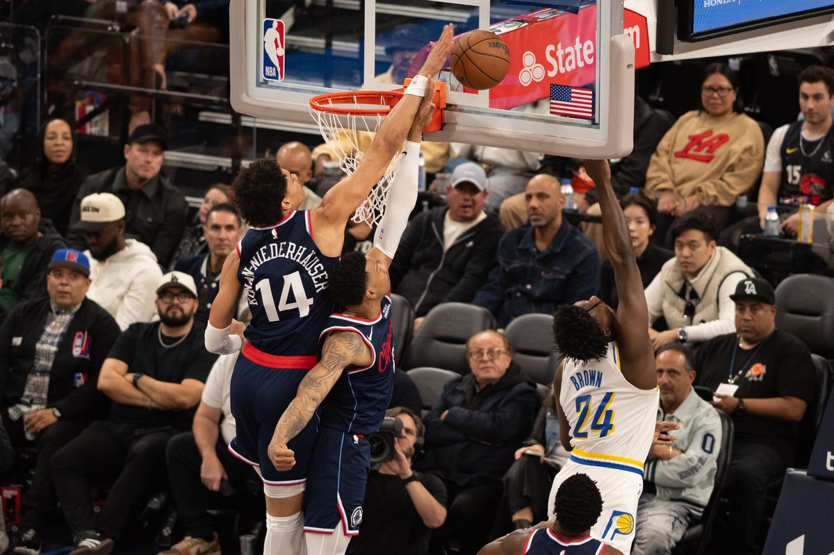 LA Clippers center Yanic Konan Niederhäuser (14) blocks a shot during an NBA game between the Indiana Pacers and the LA Clippers on Wednesday, March 4, 2026 at Intuit Dome in Inglewood Calif