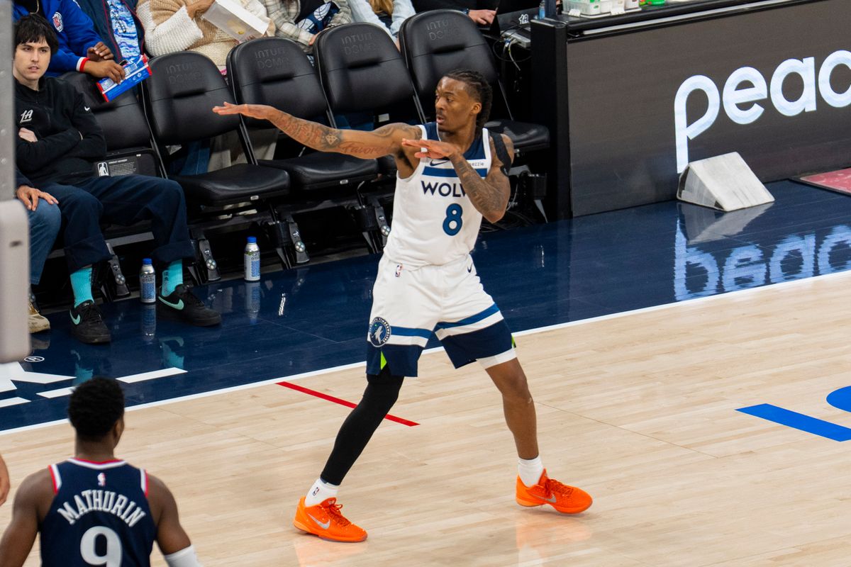 Minnesota Timberwolves guard Bones Hyland (8) celebrates his three pointer during an NBA basketball game against the Los Angeles Clippers, March 11th, 2026 in Los Angeles, California. 