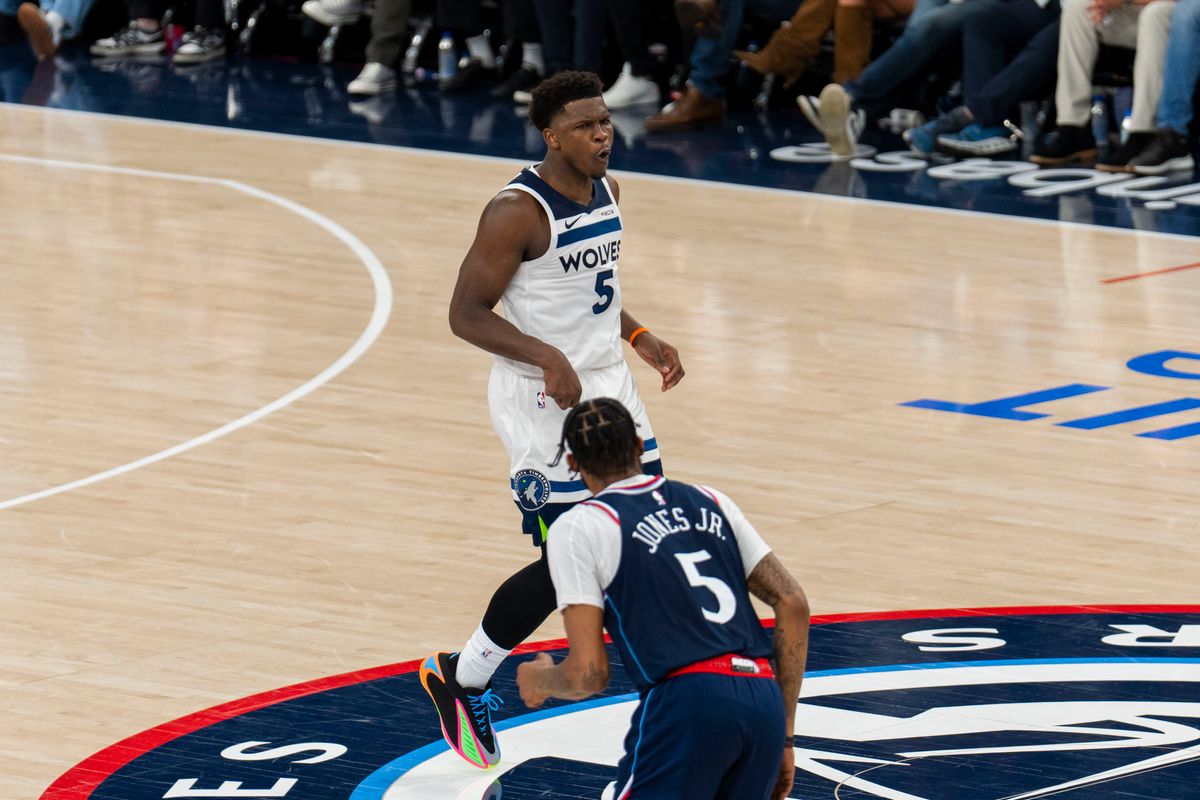 Minnesota Timberwolves guard Anthony Edwards (5) reacts to his made three pointer during an NBA basketball game against the Los Angeles Clippers, March 11th, 2026 in Los Angeles, California. 