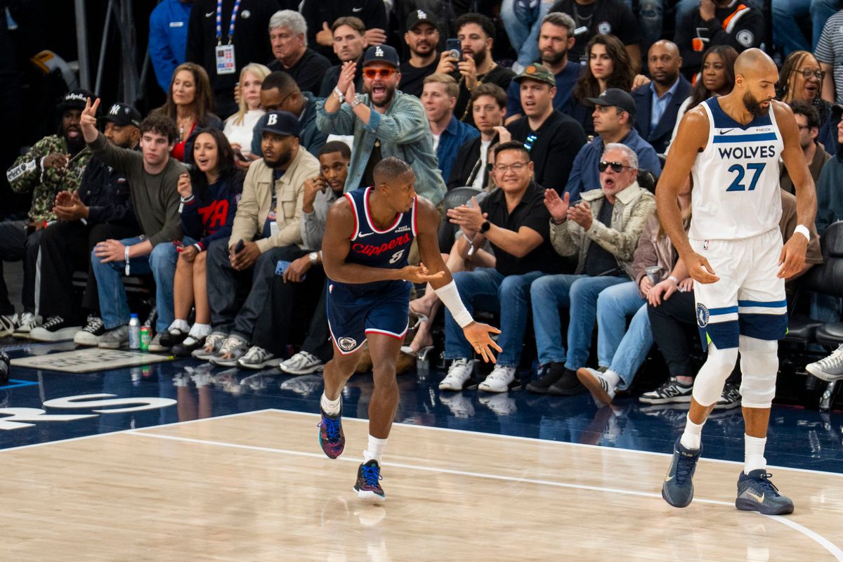 Los Angeles Clippers guard Kris Dunn (8) celebrates his made three pointer during an NBA basketball game against the Minnesota Timberwolves, March 11th, 2026 in Los Angeles, California.