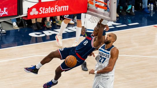 Los Angeles Clippers guard Kris Dunn (8) finishes the fast break dunk during an NBA basketball game against the Minnesota Timberwolves, Wednesday March 11th, 2026 in Los Angeles, California.