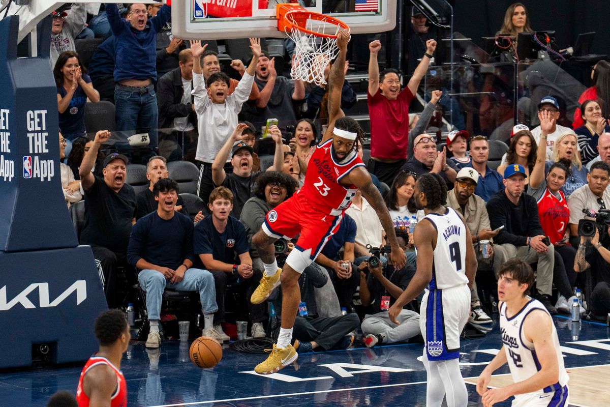 Los Angeles Clippers forward Isaiah Jackson (23) finishes the dunk during an NBA basketball game against the Sacramento Kings, Saturday March 14th, 2026 in Los Angeles, California.