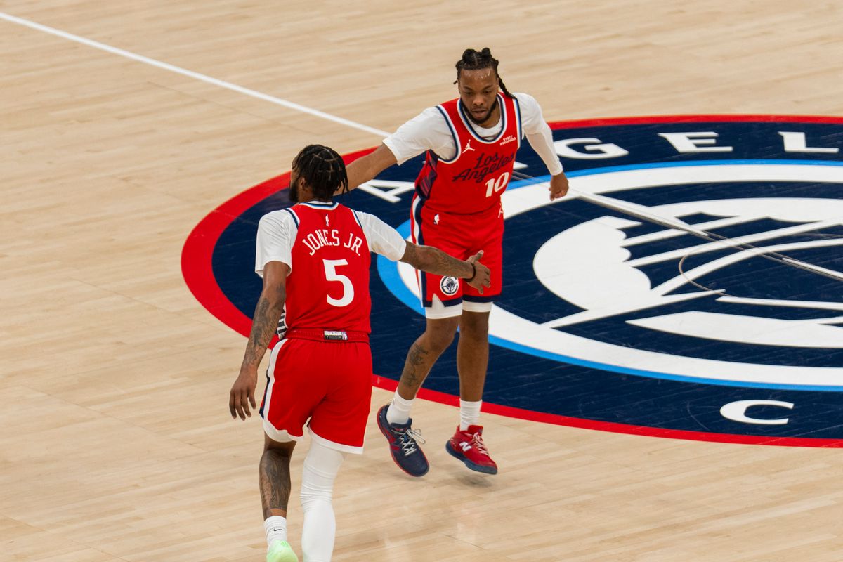 Los Angeles Clippers guard Darius Garland (10) celebrates his made three pointer during an NBA basketball game against the Sacramento Kings, Saturday March 14th, 2026 in Los Angeles, California.