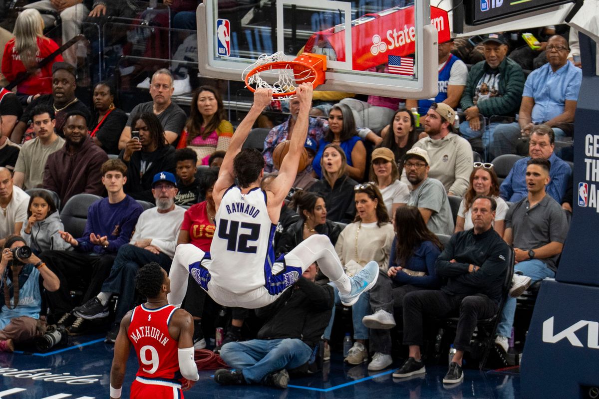 Minnesota Timberwolves forward Maxime Raynaud (10) throws down an emphatic dunk during an NBA basketball game against the Los Angeles Clippers, March 14th, 2026 in Los Angeles, California. 