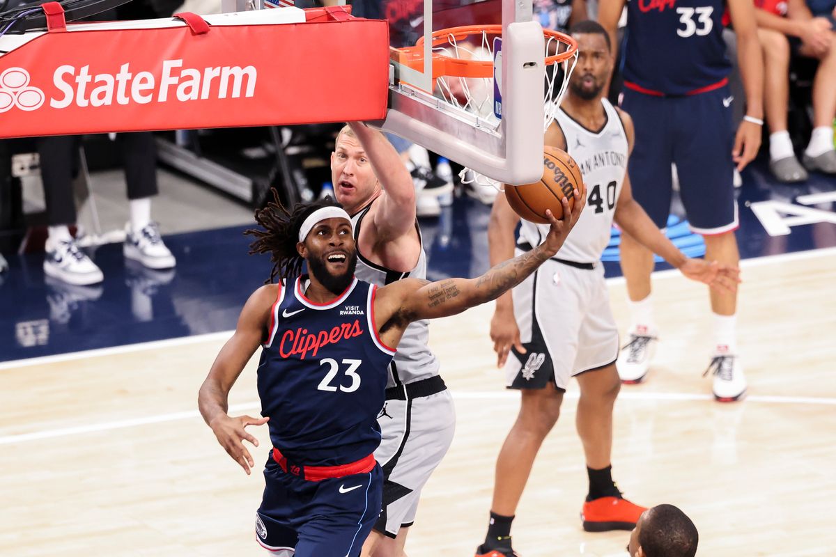 Isaiah Jackson #23 of the LA Clippers lays the ball up during an NBA basketball game against the San Antonio Spurs, Monday March 16, 2026 in Inglewood, Calif. Isaiah Jackson #23 of the LA Clippers lays the ball up during an NBA basketball game against the San Antonio Spurs, Monday March 16, 2026 in Inglewood, Calif.