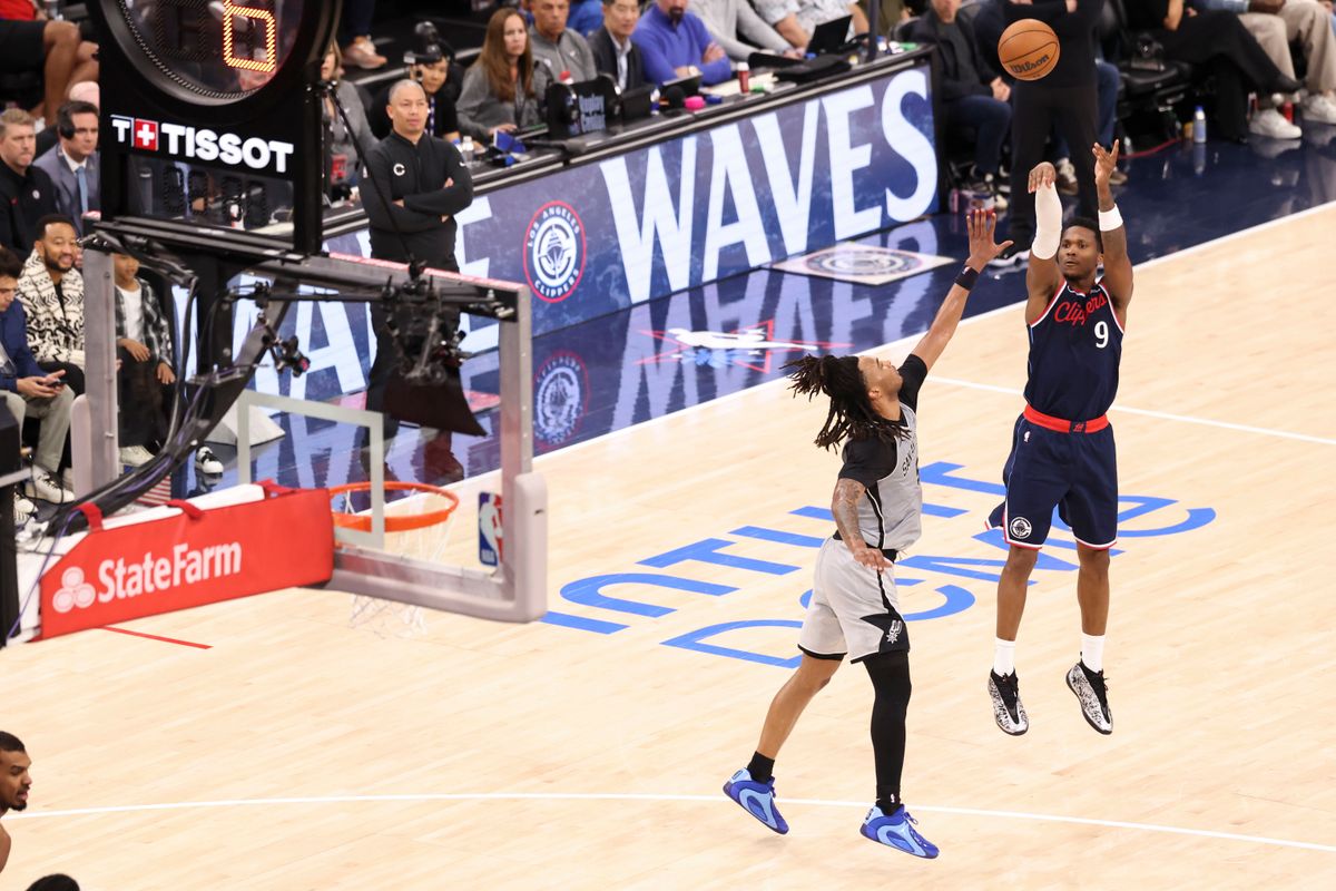 Bennedict Mathurin #9 of the LA Clippers shoots the ball over Stephon Castle #5 of the San Antonio Spurs during an NBA basketball game, Monday March 16, 2026 in Inglewood, Calif. Bennedict Mathurin #9 of the LA Clippers shoots the ball over Stephon Castle #5 of the San Antonio Spurs during an NBA basketball game, Monday March 16, 2026 in Inglewood, Calif.