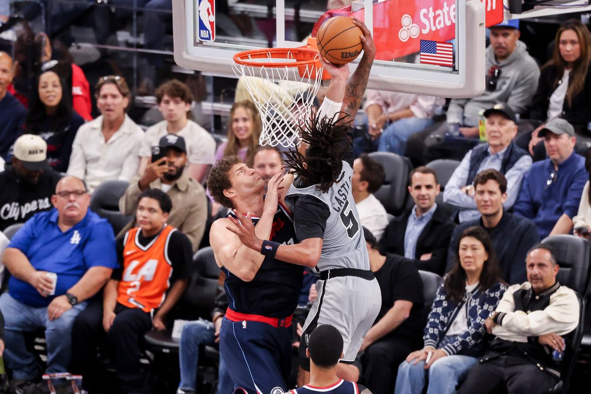 Brook Lopez #11 of the LA Clippers blocks the dunk attempt by Stephon Castle #5 of the San Antonio Spurs during an NBA basketball game, Monday March 16, 2026 in Inglewood, Calif. Brook Lopez #11 of the LA Clippers blocks the dunk attempt by Stephon Castle #5 of the San Antonio Spurs during an NBA basketball game, Monday March 16, 2026 in Inglewood, Calif.