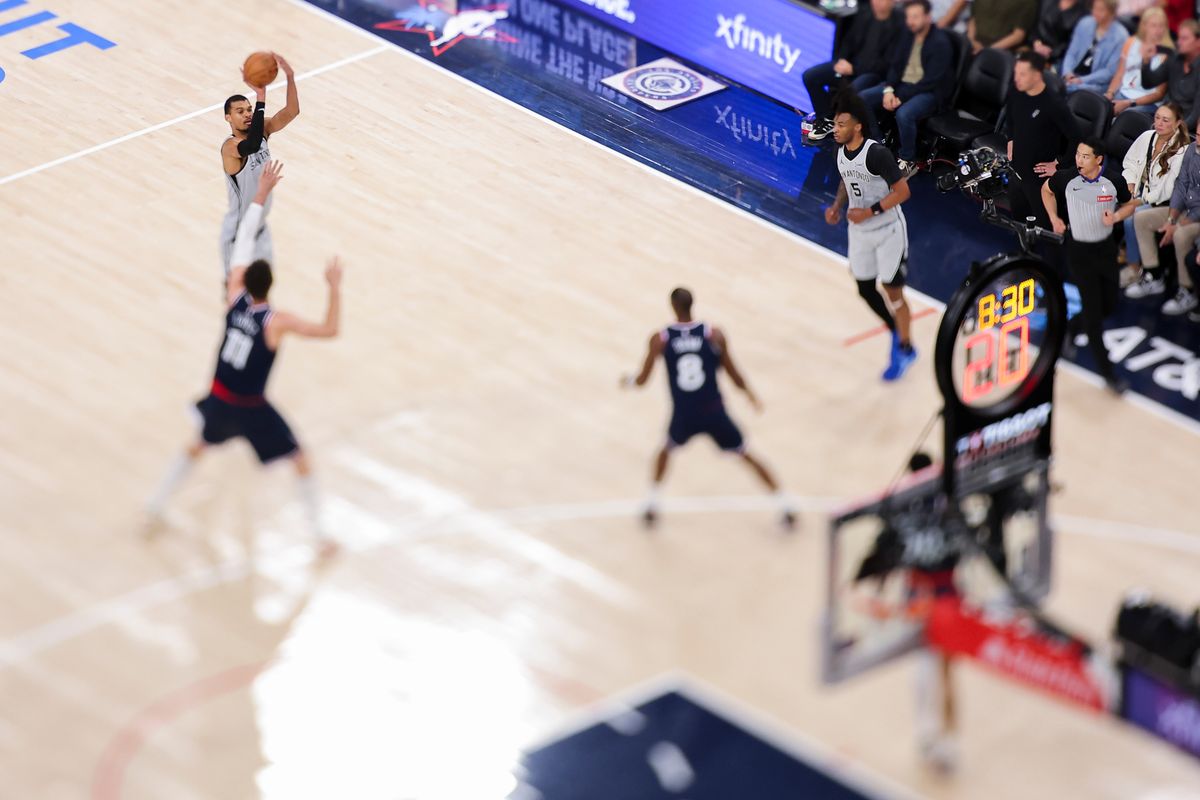 Victor Wembanyama #1 of the San Antonio Spurs shoots a three pointer during an NBA basketball game against the LA Clippers, Monday March 16, 2026 in Inglewood, Calif. Victor Wembanyama #1 of the San Antonio Spurs shoots a three pointer during an NBA basketball game against the LA Clippers, Monday March 16, 2026 in Inglewood, Calif.