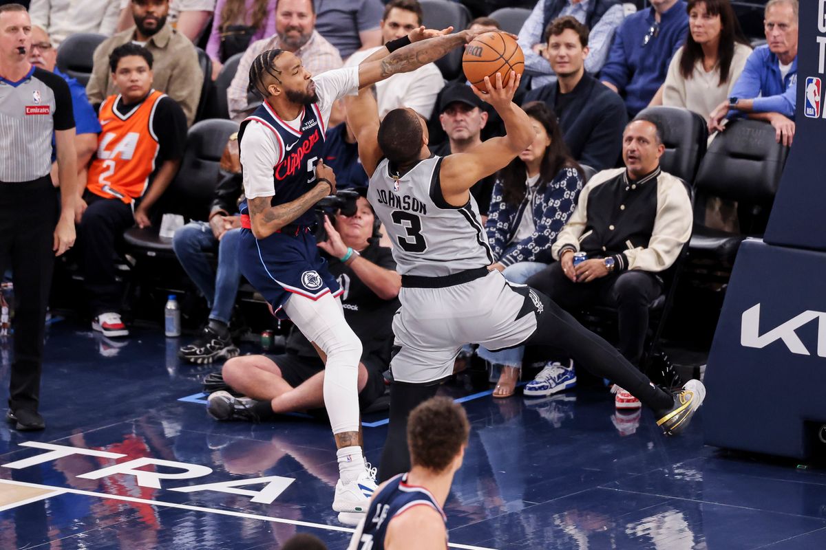 Derrick Jones Jr. #5 of the LA Clippers blocks the layup attempt by Keldon Johnson #3 of the San Antonio Spurs during an NBA basketball game, Monday March 16, 2026 in Inglewood, Calif. Derrick Jones Jr. #5 of the LA Clippers blocks the layup attempt by Keldon Johnson #3 of the San Antonio Spurs during an NBA basketball game, Monday March 16, 2026 in Inglewood, Calif.