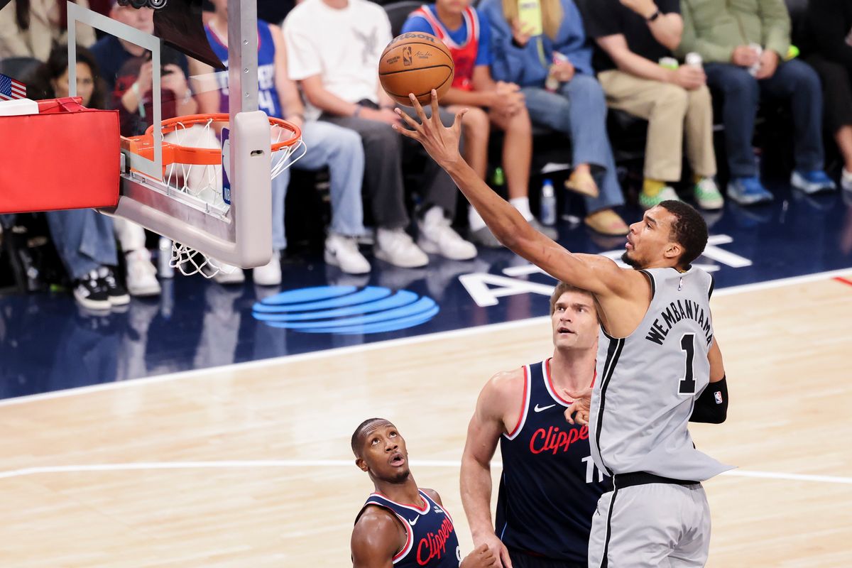Victor Wembanyama #1 of the San Antonio Spurs lays the ball up during an NBA basketball game against the LA Clippers, Monday March 16, 2026 in Inglewood, Calif. Victor Wembanyama #1 of the San Antonio Spurs lays the ball up during an NBA basketball game against the LA Clippers, Monday March 16, 2026 in Inglewood, Calif.