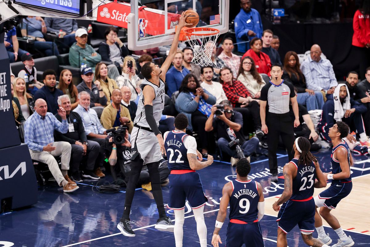 Victor Wembanyama #1 of the San Antonio Spurs dunks the ball during an NBA basketball game against the LA Clippers, Monday March 16, 2026 in Inglewood, Calif. Victor Wembanyama #1 of the San Antonio Spurs dunks the ball during an NBA basketball game against the LA Clippers, Monday March 16, 2026 in Inglewood, Calif.