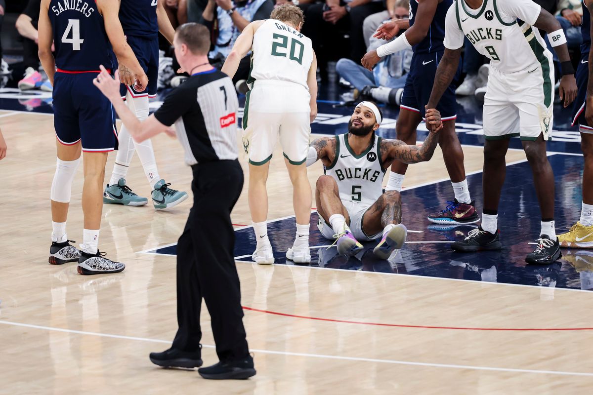 Gary Trent Jr. #5 of the Milwaukee Bucks expresses his thoughts on a call to the referee during an NBA basketball game against the LA Clippers, Monday March 23, 2026 in Inglewood, Calif.