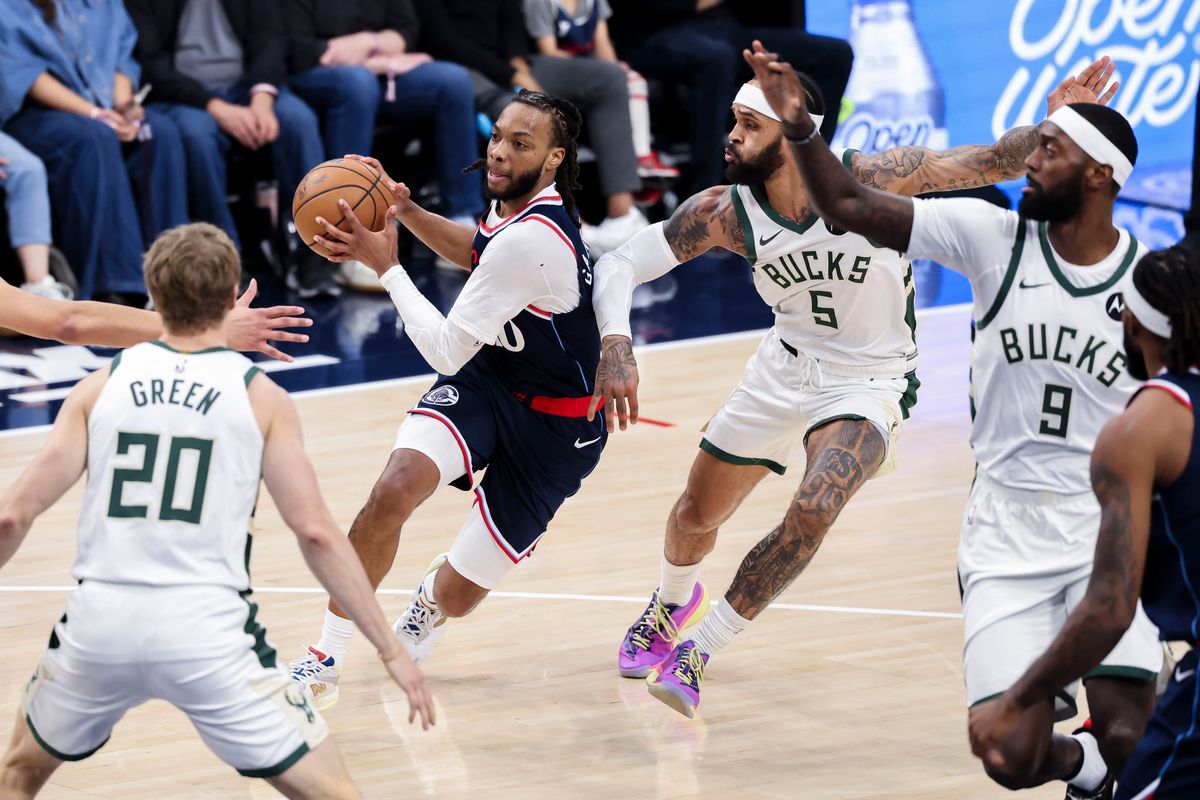 Darius Garland #10 of the LA Clippers drives towards the basket during an NBA basketball game against the Milwaukee Bucks, Monday March 23, 2026 in Inglewood, Calif.