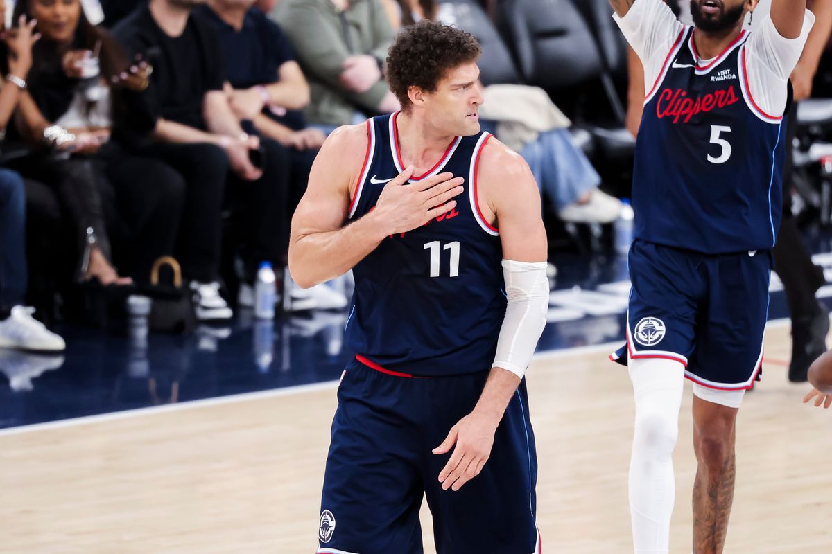 Brook Lopez #11 of the LA Clippers celebrates during an NBA basketball game against the Milwaukee Bucks, Monday March 23, 2026 in Inglewood, Calif.