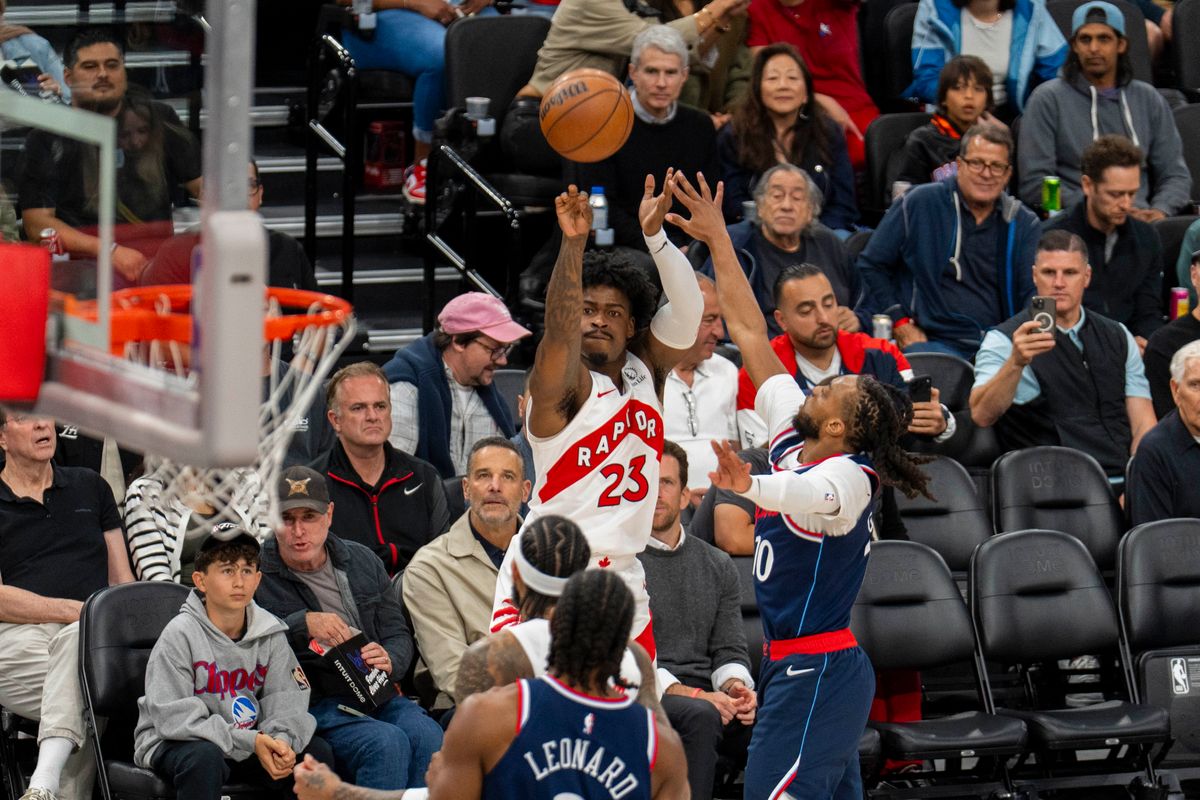 Toronto Raptors guard Jamal Shead (23) shoots a three pointer during an NBA basketball game against the Los Angeles Clippers Wednesday March 25th, 2026 in Los Angeles, California. 