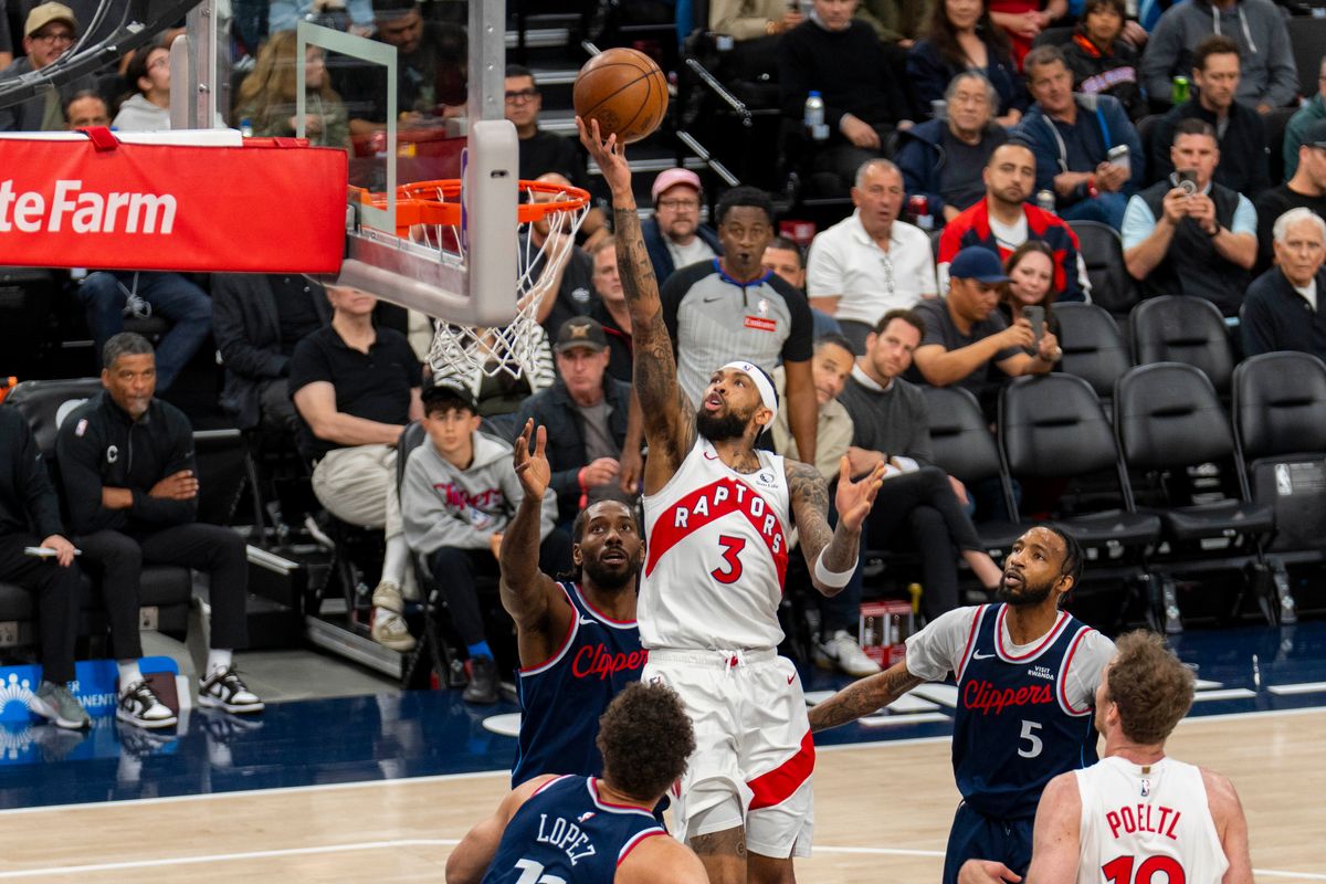 Toronto Raptors forward Brandon Ingram (3) finishes the layup during an NBA basketball game against the Los Angeles Clippers Wednesday March 25th, 2026 in Los Angeles, California. 