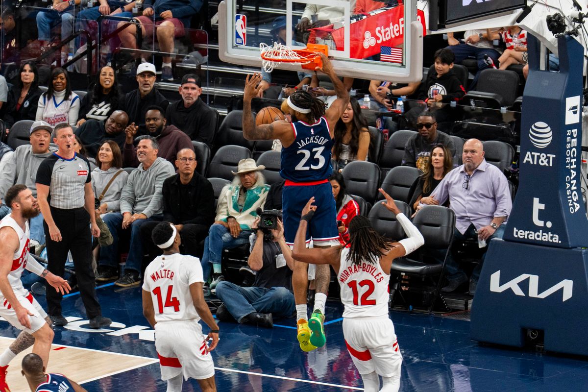 Los Angeles Clippers forward Isaiah Jackson (23) finishes the dunk during an NBA basketball game against the Toronto Raptors, Wednesday March 25th, 2026 in Los Angeles, California.