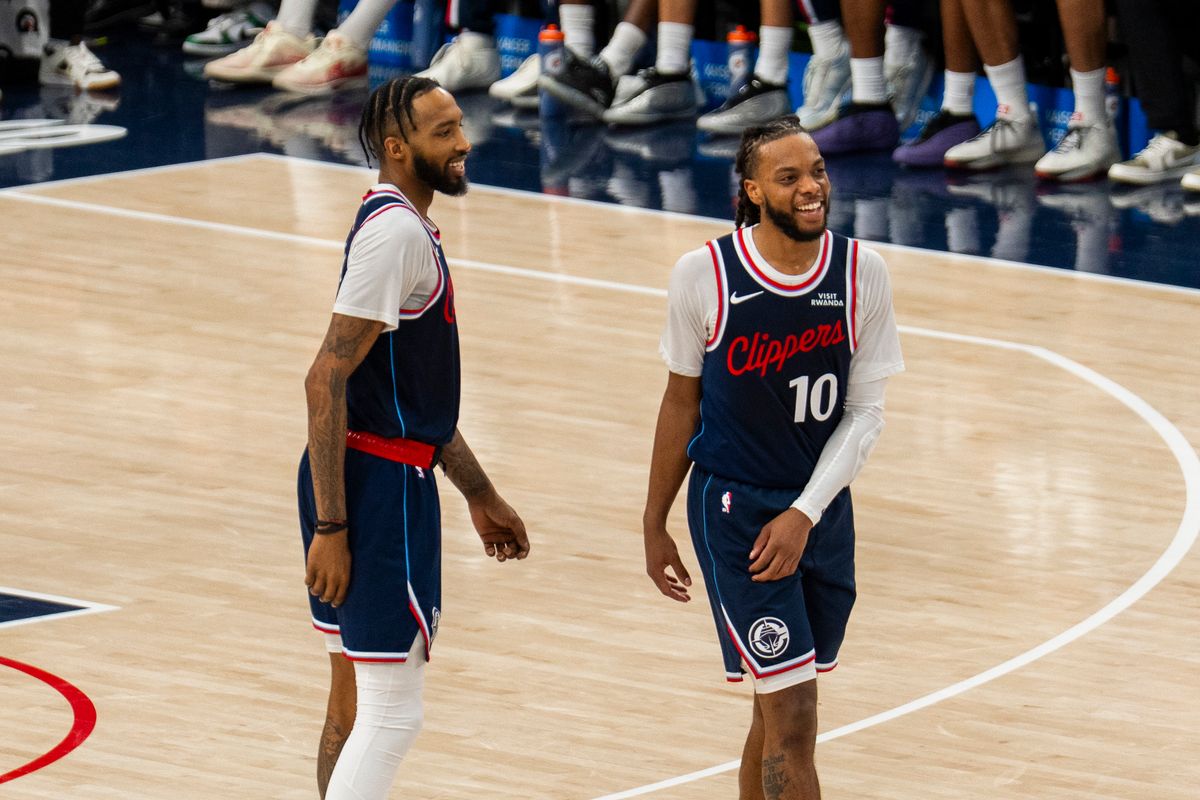Los Angeles Clippers guard Darius Garland (10) and Derrick Jones Jr. share a moment during a free throw during an NBA basketball game against the Toronto Raptors, Wednesday March 25th, 2026 in Los Angeles, California.