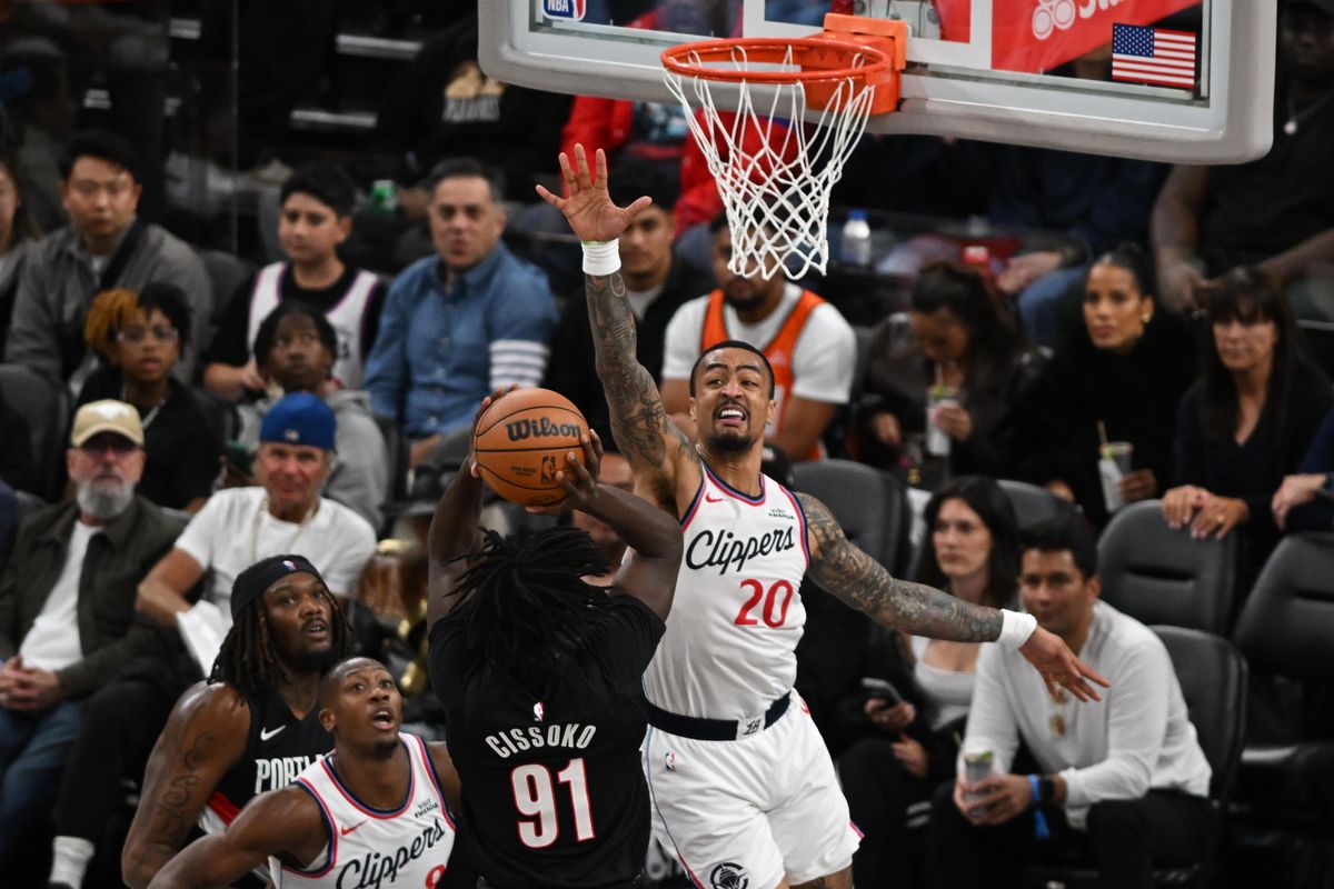 Los Angeles Clippers forward John Collins (20) jumps to block a shot during a game between the Los Angeles Clippers and the Portland Trailblazers on Tuesday, March 31, 2026 at Intuit Dome in Inglewood Calif Los Angeles Clippers forward John Collins (20) jumps to block a shot during a game between the Los Angeles Clippers and the Portland Trailblazers on Tuesday, March 31, 2026 at Intuit Dome in Inglewood Calif