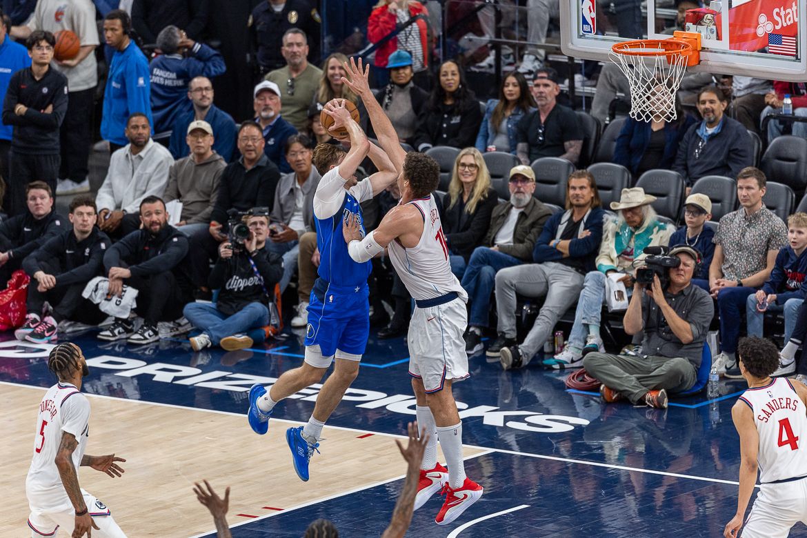 Los Angeles Clippers center Brook Lopez (11) blocks a shot during an NBA basketball game against the Dallas Mavericks, Tuesday April 7, 2026 in Inglewood, Calif. Los Angeles Clippers center Brook Lopez (11) blocks a shot during an NBA basketball game against the Dallas Mavericks, Tuesday April 7, 2026 in Inglewood, Calif.