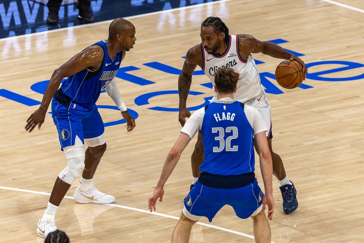 Los Angeles Clippers forward Kawhi Leonard (2) dribbles through defense during an NBA basketball game against the Dallas Mavericks, Tuesday April 7, 2026 in Inglewood, Calif. Los Angeles Clippers forward Kawhi Leonard (2) dribbles through defense during an NBA basketball game against the Dallas Mavericks, Tuesday April 7, 2026 in Inglewood, Calif.