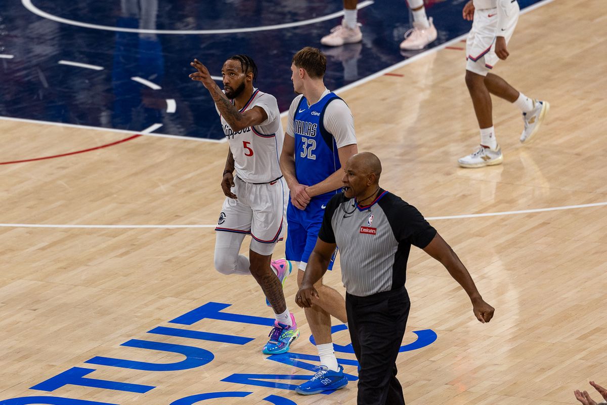 Los Angeles Clippers forward Derrick Jones Jr. (5) celebrates during an NBA basketball game against the Dallas Mavericks, Tuesday April 7, 2026 in Inglewood, Calif. Los Angeles Clippers forward Derrick Jones Jr. (5) celebrates during an NBA basketball game against the Dallas Mavericks, Tuesday April 7, 2026 in Inglewood, Calif.
