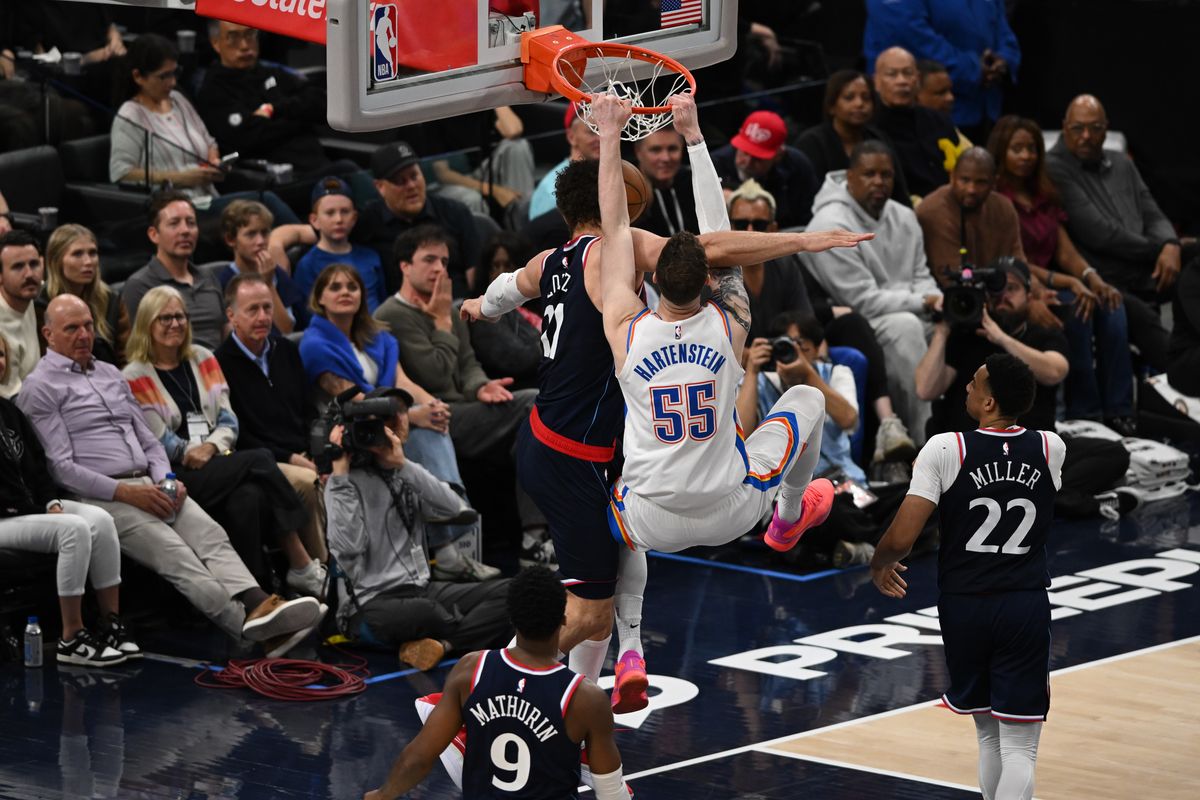 OKC Thunder center Isaiah Hartenstein (55) dunks the ball with two hands during a game between the Los Angeles Clippers and OKC Thunder on Wednesday, April 8, 2026 at Intuit Dome in Inglewood Calif