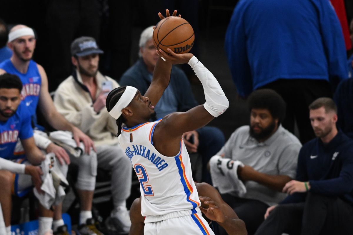 OKC Thunder guard Shai Gilgeous-Alexander (2) shoots a fadeaway jump shot during a game between the Los Angeles Clippers and OKC Thunder on Wednesday, April 8, 2026 at Intuit Dome in Inglewood Calif