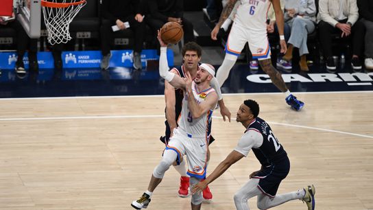 OKC Thunder guard Alex Caruso (9) goes for a layup during a game between the Los Angeles Clippers and OKC Thunder on Wednesday, April 8, 2026 at Intuit Dome in Inglewood Calif