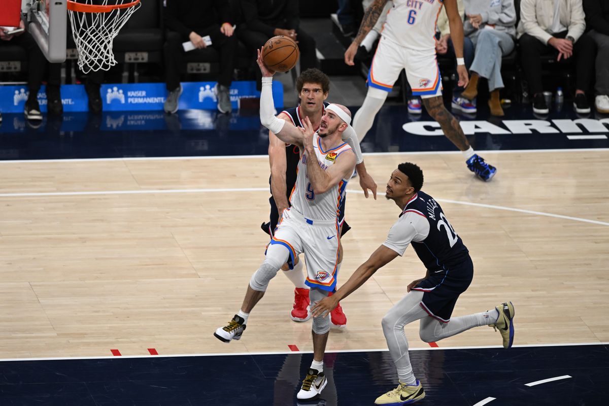 OKC Thunder guard Alex Caruso (9) goes for a layup during a game between the Los Angeles Clippers and OKC Thunder on Wednesday, April 8, 2026 at Intuit Dome in Inglewood Calif