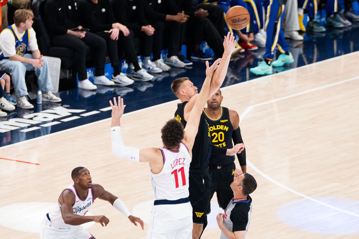 Los Angeles Clippers center Brook Lopez (11) jumps for tip-off during an NBA basketball game against the Golden State Warriors,Sunday April 12th, 2026 in Inglewood, California. 