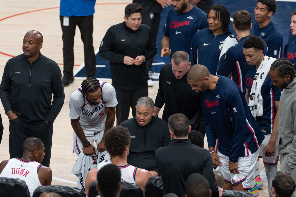 Los Angeles Clippers Coach Tyronne Lue goes over the game plan during an NBA basketball game against the Golden State Warriors, Sunday April 12th, 2026 in Inglewood, California. 